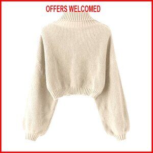 Crew Neck Long Sleeve Pullover Crop Sweater Lantern Sleeve Ribbed Knit